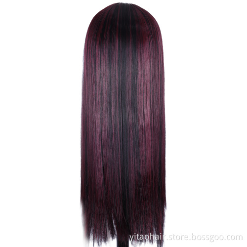 FZY Wholesale Price Good Omens Cosplay  Burgundy color with highlights silk straight Synthetic hair Wigs with lace front  Vendor